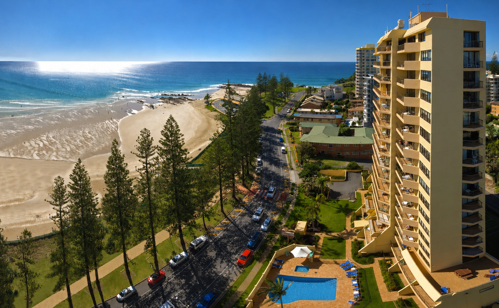 Columbia Apartments building and beach at Rainbow Bay